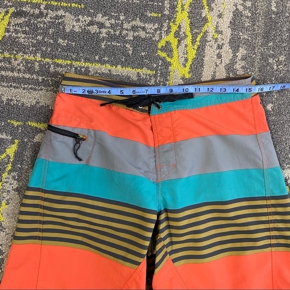 Patagonia Wavefarer Blue Orange Yellow Striped Tie Waist Board Shorts EUC 31 - Picture 5 of 7